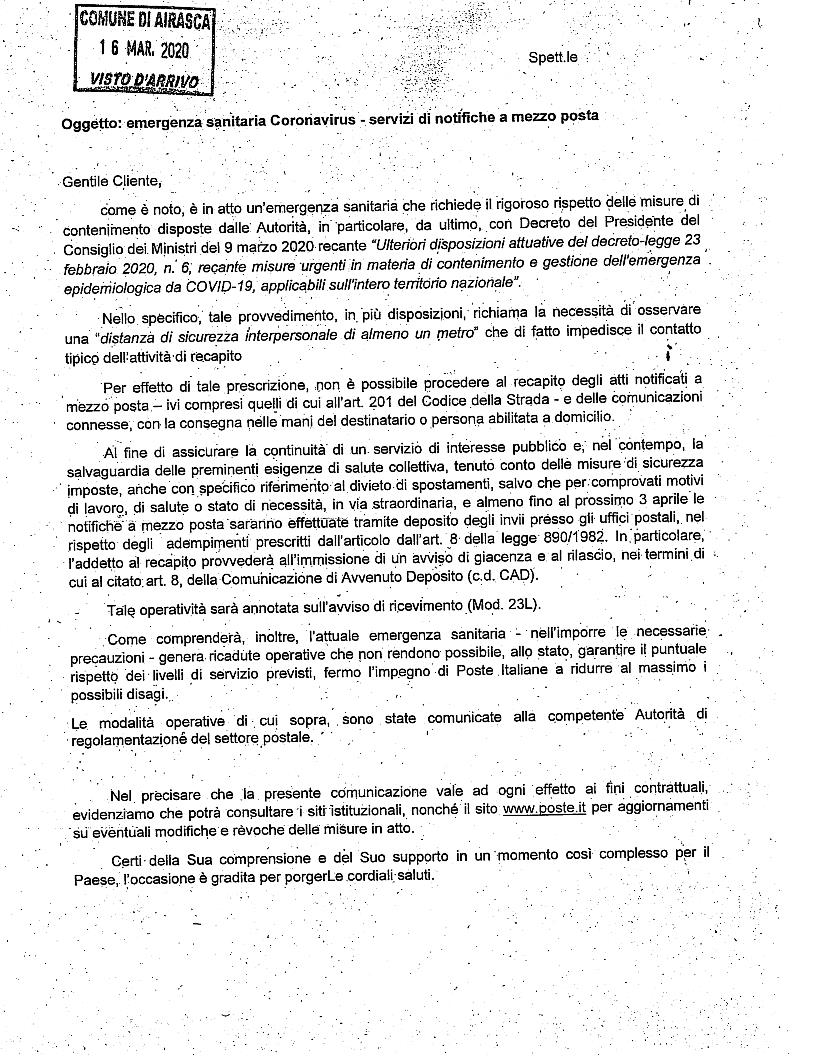 Coronavirus - Servizio di notifiche a mezzo posta