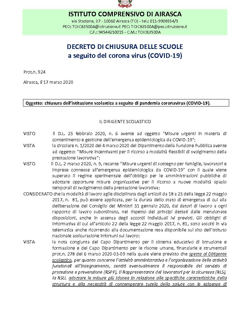 CORONAVIRUS - Decreto di chiusura delle scuole
