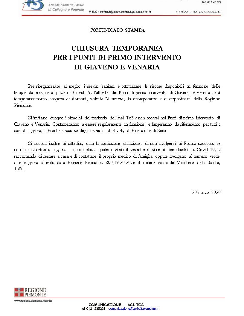Chiusura temporanea dei Punti di primo intervento di Giaveno e Venaria