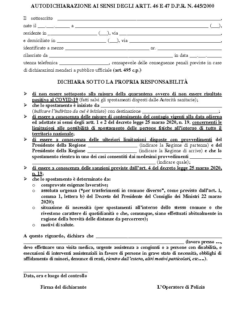 Modello autodichiarazione per gli spostamenti aggiornato al 26.03.2020 