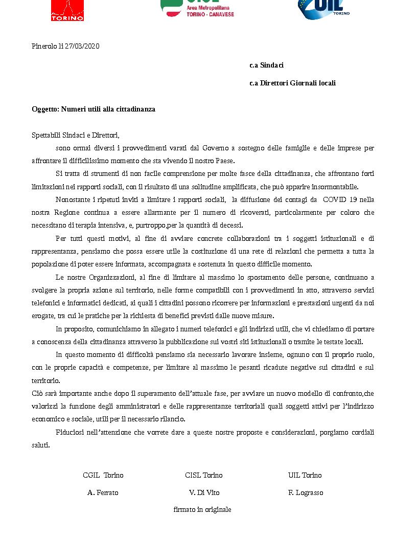 lettera CGIL - CISL - UIL - Numeri utili alla cittadinanza